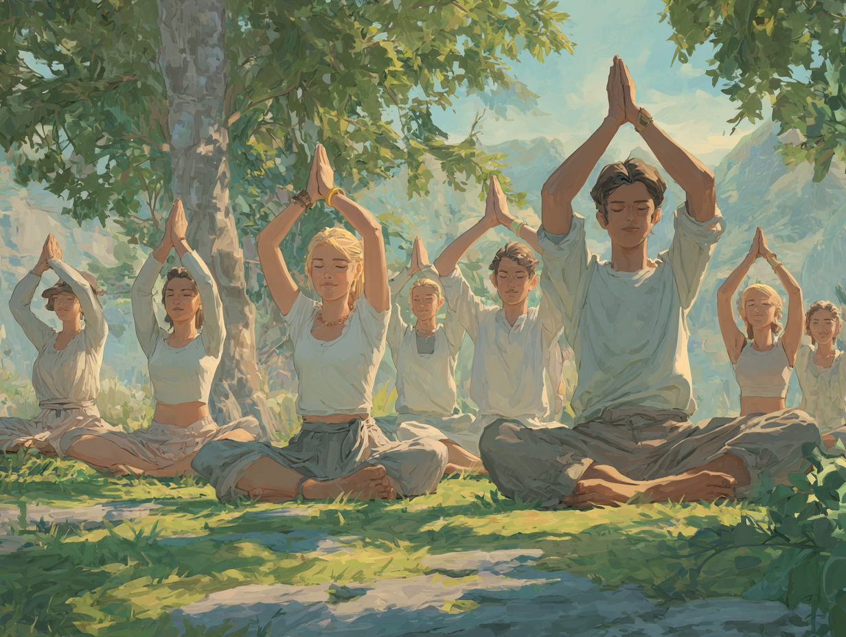 Grup de oameni de diferite vârste practicând yoga în aer liber